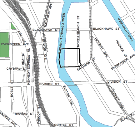 Division/North Branch TIF district, terminated in 2012, was roughly bounded on the north by Blackhawk Street, Eastman Street on the south, North Branch Street on the east, and the North Branch of the Chicago River on the west.